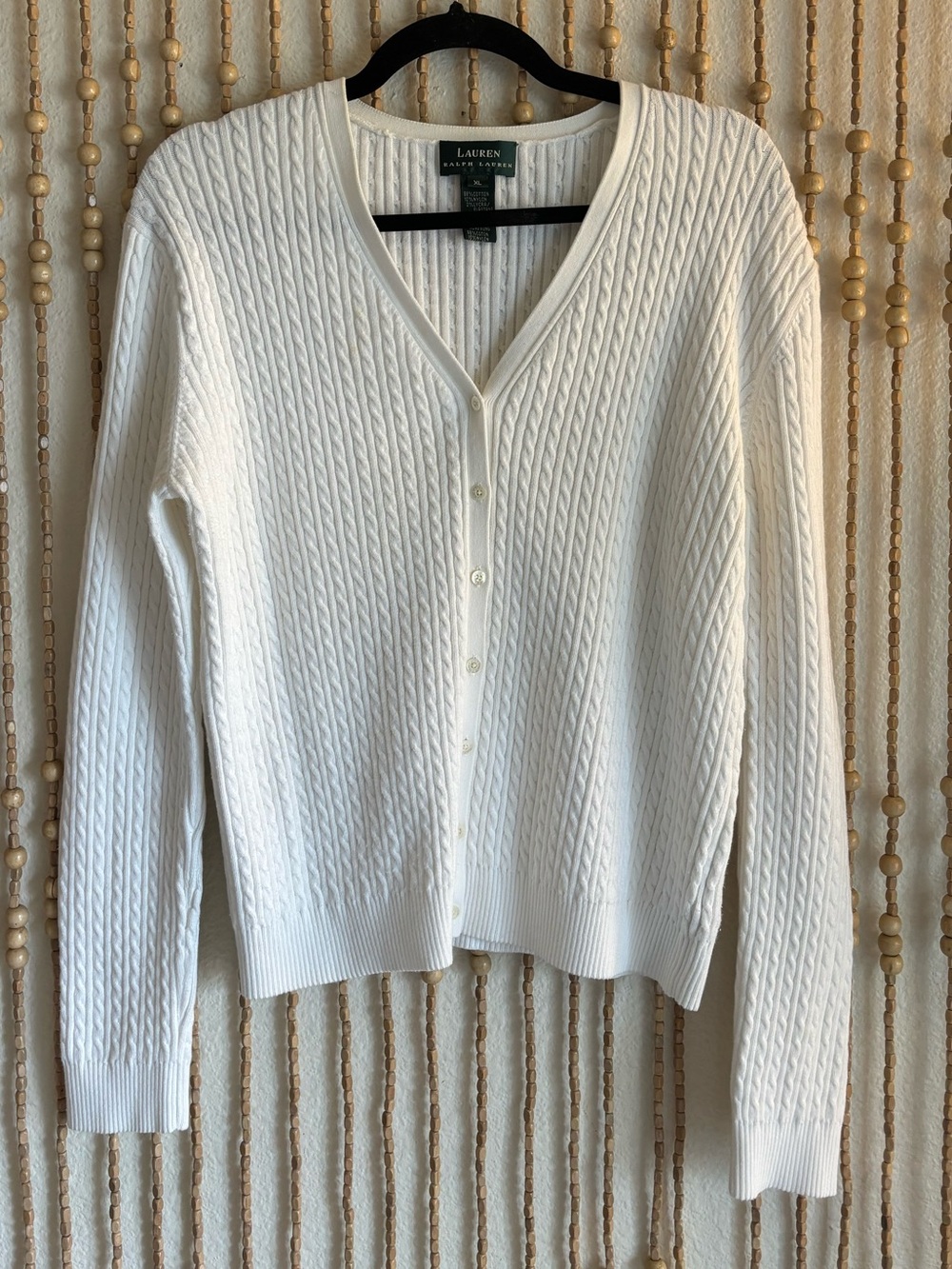 Lauren Ralph Lauren White Cable Knit V-Neck Button Down Classic Preppy Cardigan